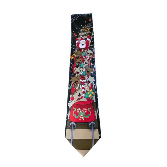 Noel Holiday Collection Funny Santa‎ & Reindeer On Roller Coaster Black Tie - Picture 1 of 4